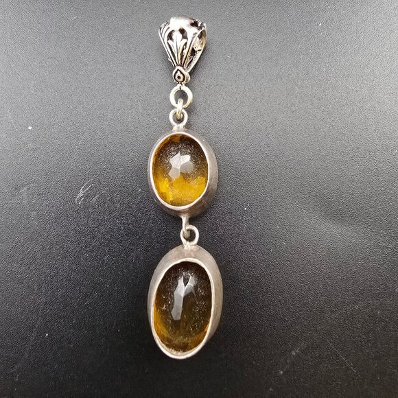 Vintage Sterling Silver Pendant With Double Citrine Gemstones 2" Long - Picture 5 of 6
